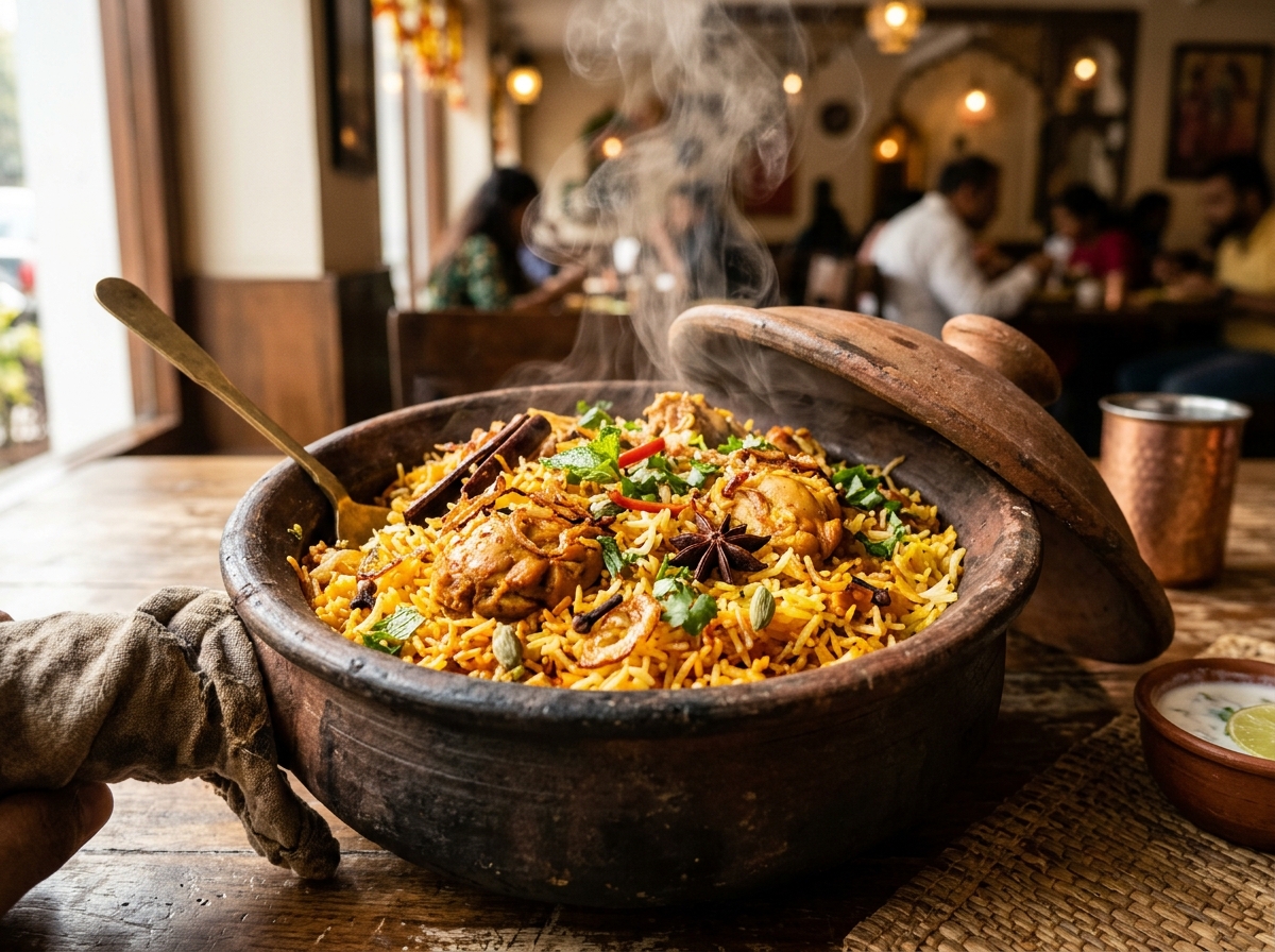 Chicken Hyderabadi Biryani in traditional handi