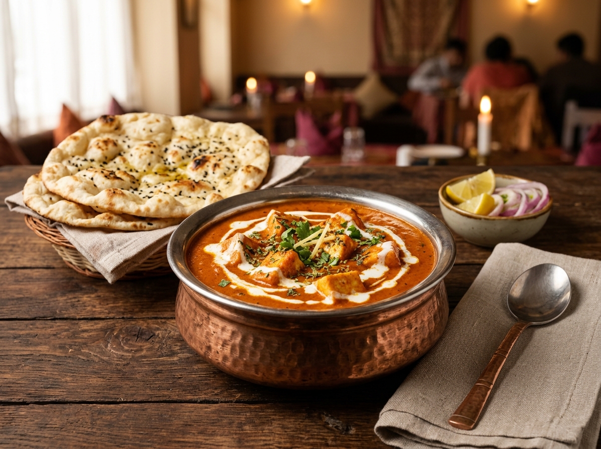 Paneer Butter Masala in copper serving bowl with naan