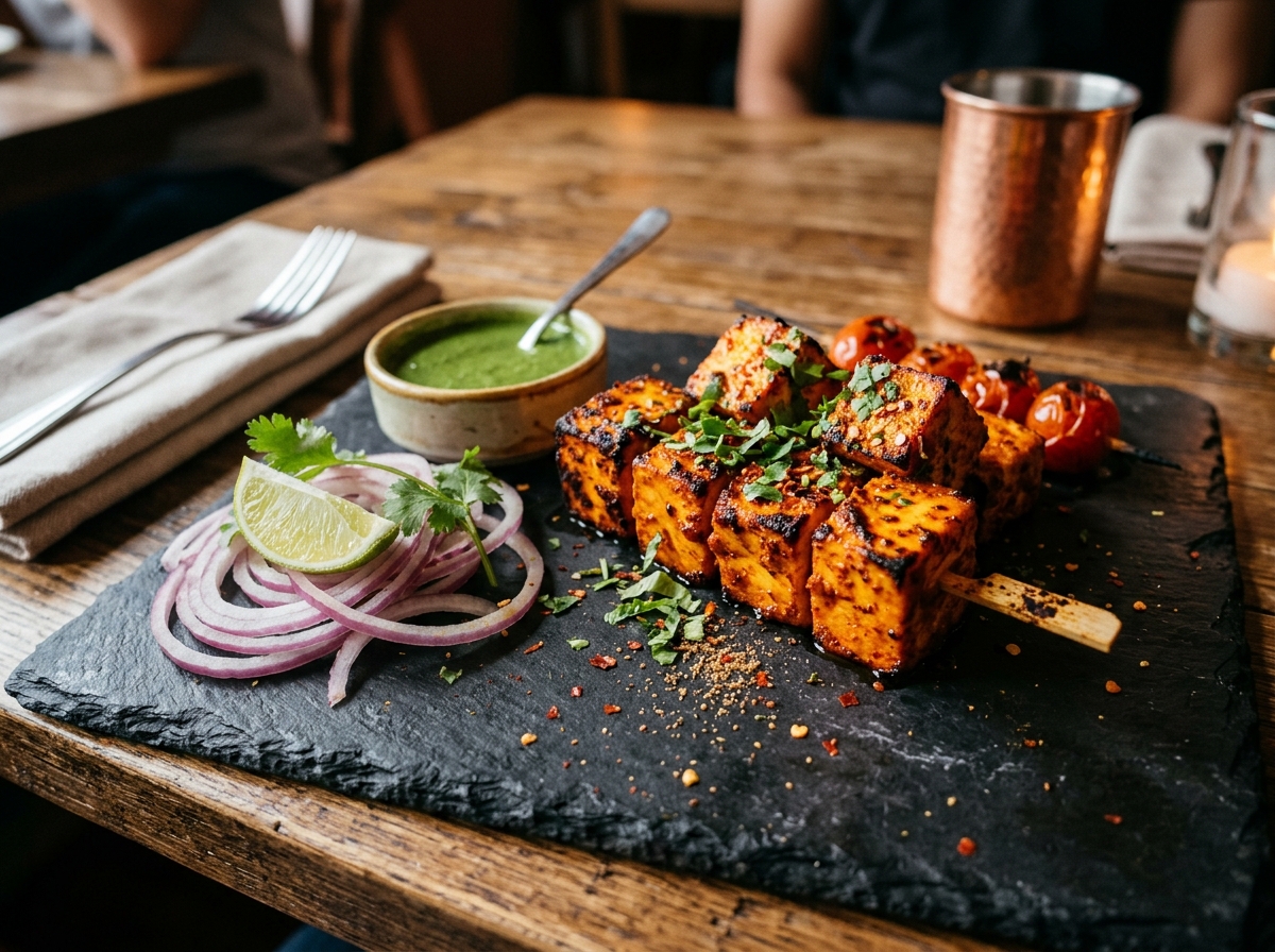 Paneer Tikka — chargrilled cottage cheese with green chutney